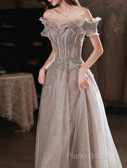 A-Line Formal Prom Dresses Sparkle & Shine Dresses Wedding Guest Formal Prom Floor Length Short Sleeve Off Shoulder Polyester With Sequin Ruffles