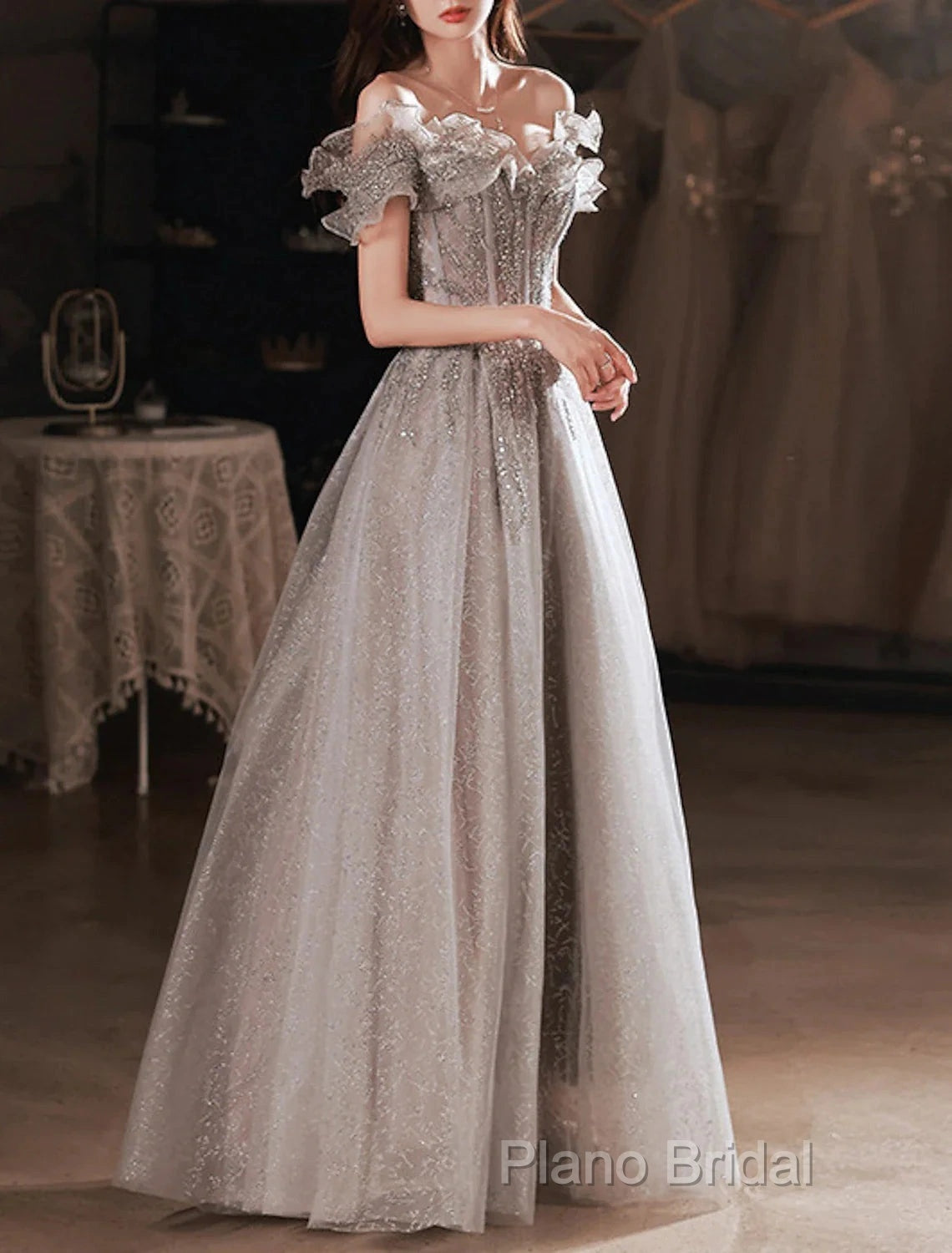 A-Line Formal Prom Dresses Sparkle & Shine Dresses Wedding Guest Formal Prom Floor Length Short Sleeve Off Shoulder Polyester With Sequin Ruffles