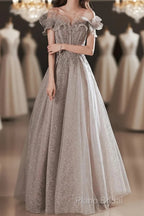 A-Line Formal Prom Dresses Sparkle & Shine Dresses Wedding Guest Formal Prom Floor Length Short Sleeve Off Shoulder Polyester With Sequin Ruffles