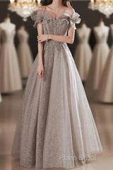 A-Line Formal Prom Dresses Sparkle & Shine Dresses Wedding Guest Formal Prom Floor Length Short Sleeve Off Shoulder Polyester With Sequin Ruffles