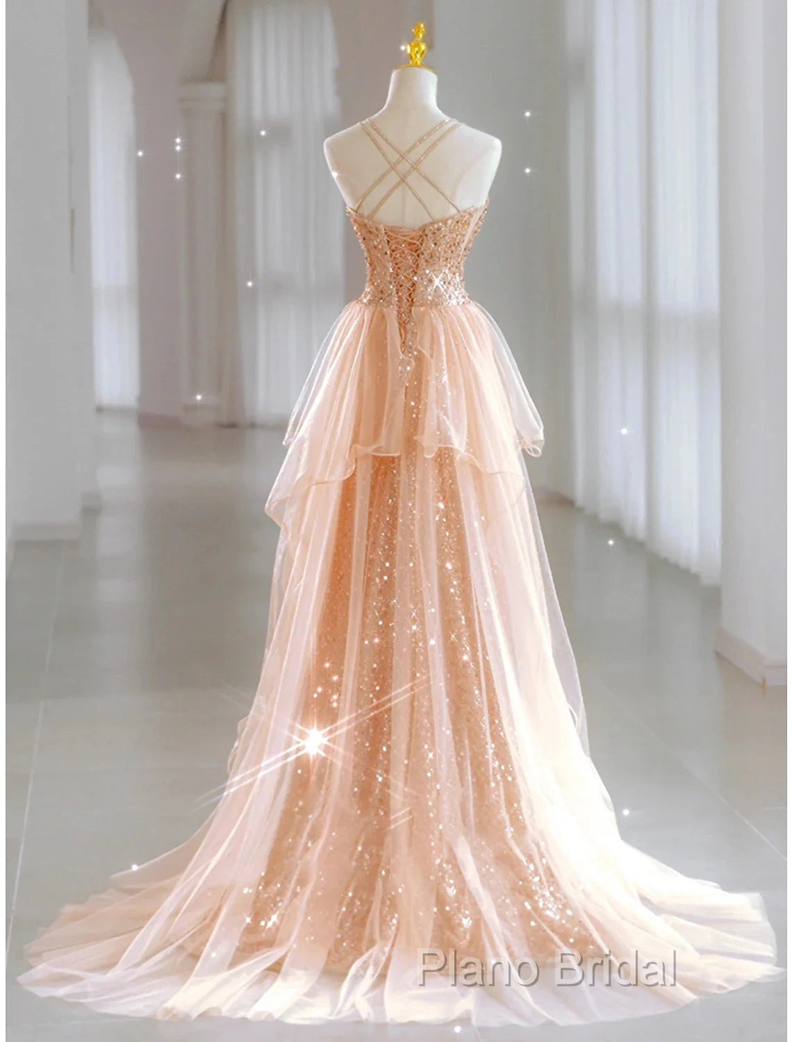 A-Line Formal Prom Dresses Sparkle & Shine Dresses Wedding Guest Sweet 16 Floor Length Sleeveless Sweetheart Tulle With Sequin Secondary image