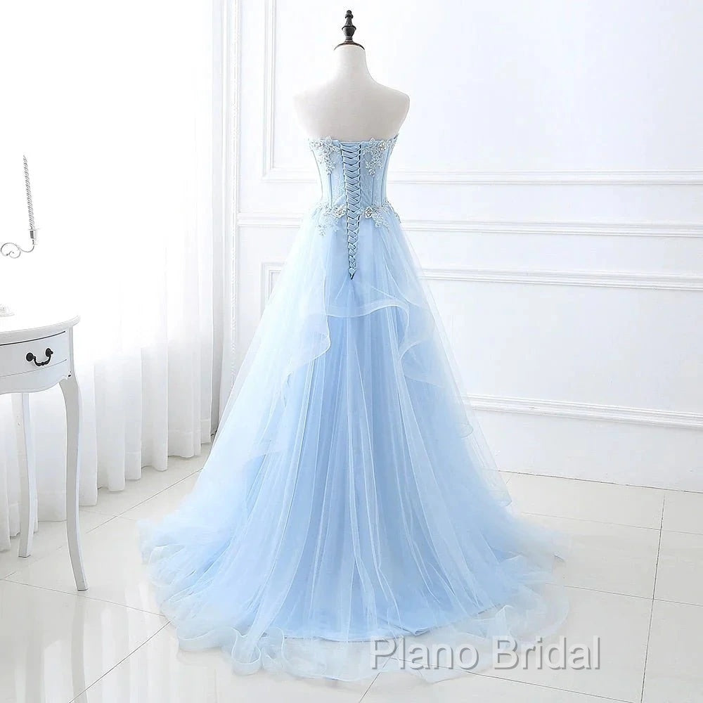 A Line Formal Prom Dresses Sweetheart Tulle With Applique Sweep Train