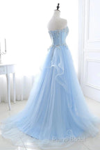 A Line Formal Prom Dresses Sweetheart Tulle With Applique Sweep Train