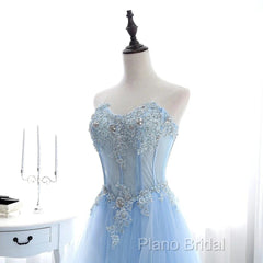 A Line Formal Prom Dresses Sweetheart Tulle With Applique Sweep Train