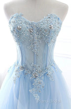 A Line Formal Prom Dresses Sweetheart Tulle With Applique Sweep Train