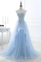 A Line Formal Prom Dresses Sweetheart Tulle With Applique Sweep Train