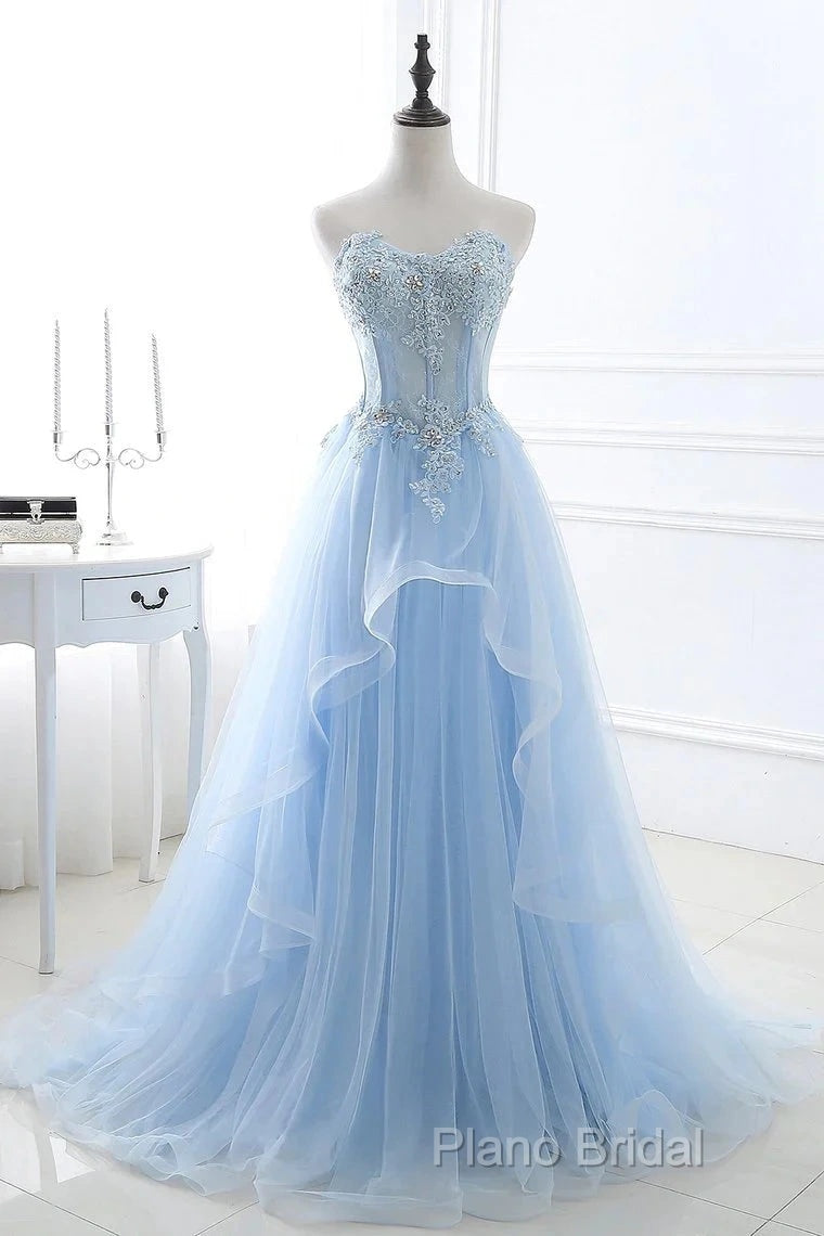 A Line Formal Prom Dresses Sweetheart Tulle With Applique Sweep Train