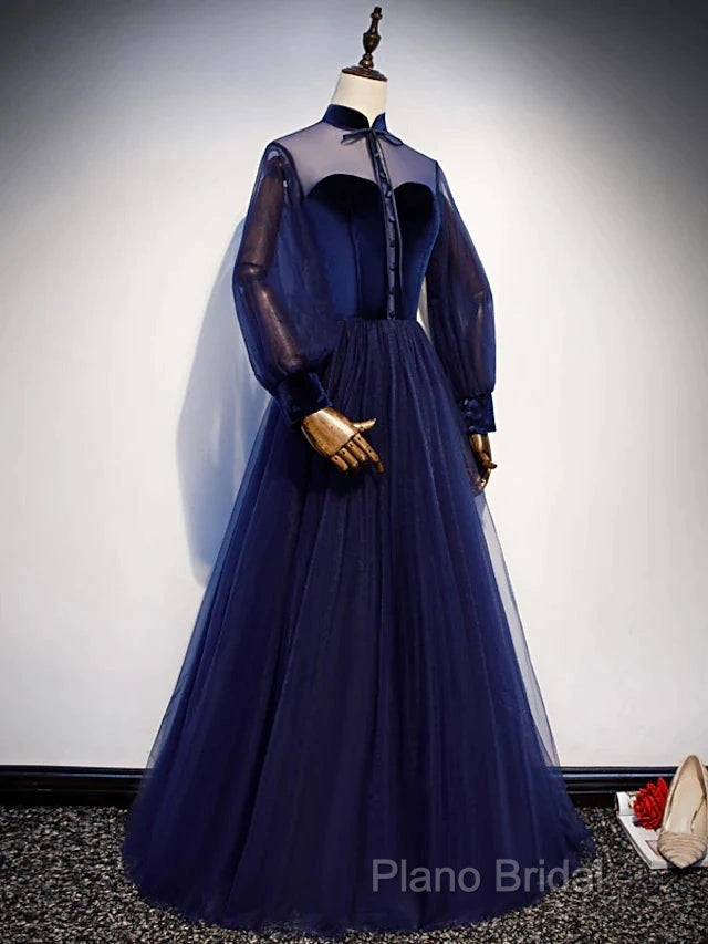 A-Line Formal Prom Dresses Vintage Dresses Party Wear Floor Length Long Sleeve Stand Collar Tulle With Bow(S) Strappy Secondary image