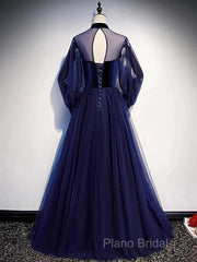 A-Line Formal Prom Dresses Vintage Dresses Party Wear Floor Length Long Sleeve Stand Collar Tulle With Bow(S) Strappy