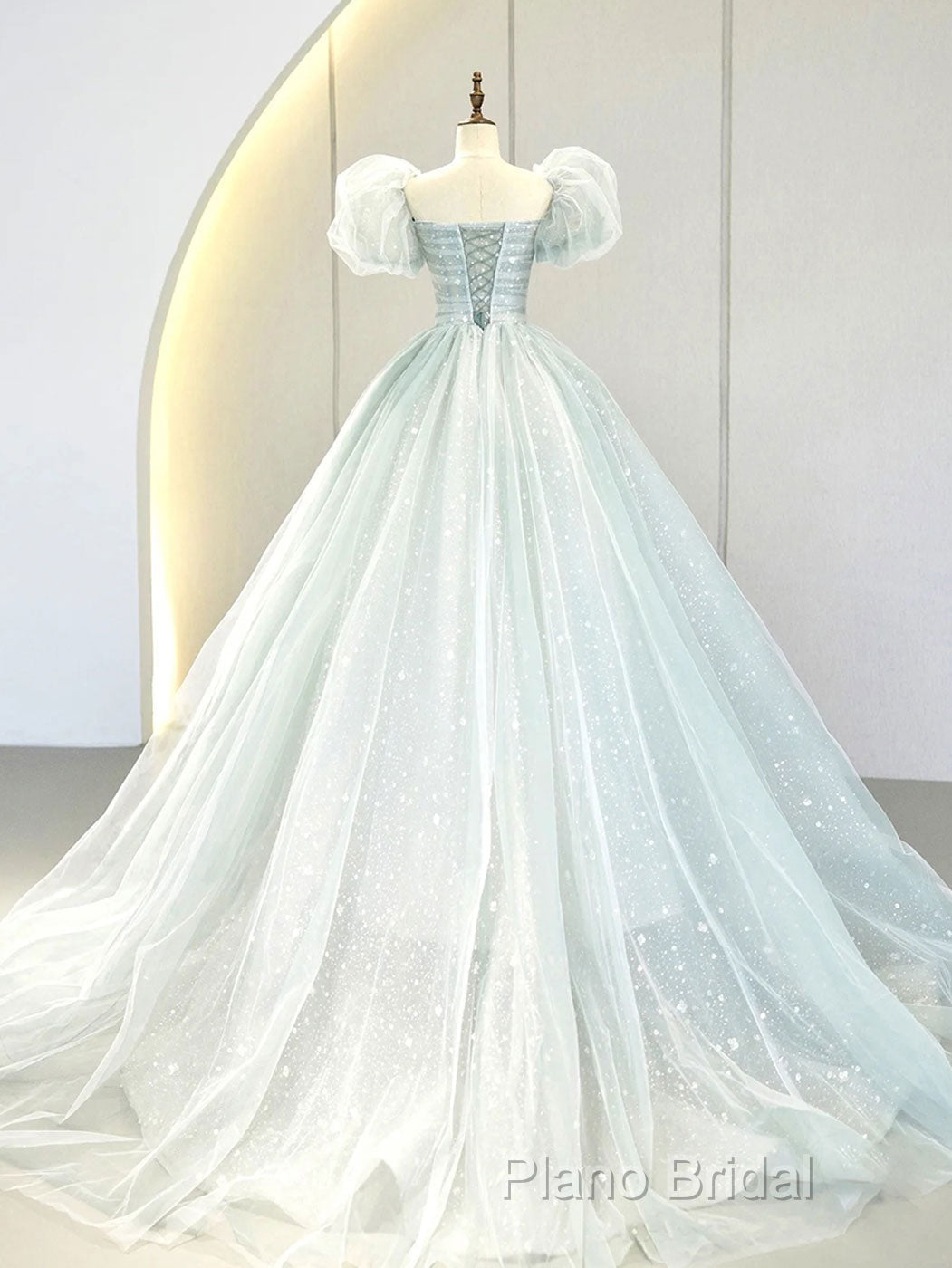 A-Line Puff Sleeves Blue Long Formal Prom Dresses, Tulle Formal Dresses