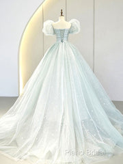 A-Line Puff Sleeves Blue Long Formal Prom Dresses, Tulle Formal Dresses
