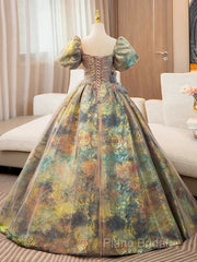 A-Line Puff Sleeves Gold Long Formal Prom Dresses Quinceanera Dresses With Flower Elegant