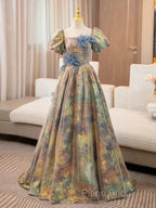 A-Line Puff Sleeves Gold Long Formal Prom Dresses Quinceanera Dresses With Flower Elegant