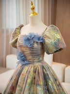 A-Line Puff Sleeves Gold Long Formal Prom Dresses Quinceanera Dresses With Flower Elegant