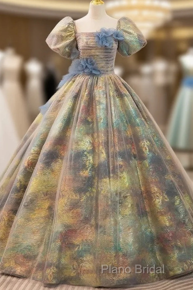 A-Line Puff Sleeves Gold Long Formal Prom Dresses Quinceanera Dresses With Flower Elegant Main image