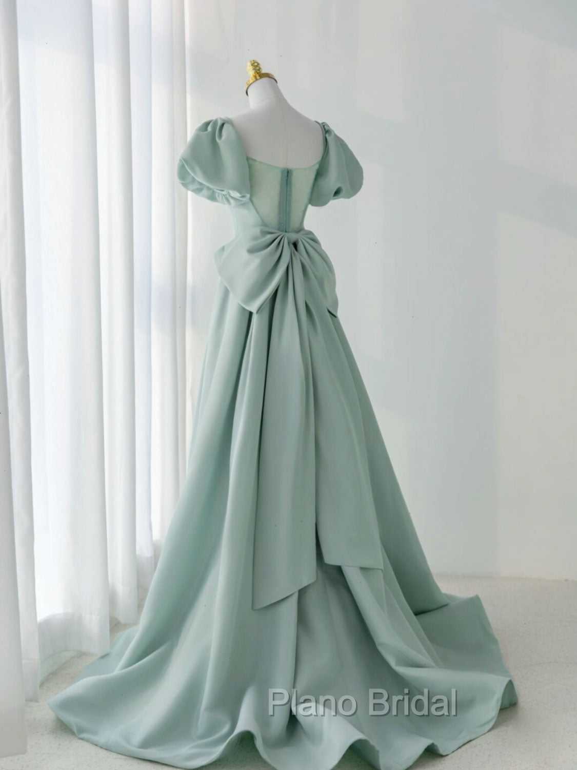 A-Line Puff Sleeves Green Long Formal Prom Dresses, Green Formal Dresses Secondary image