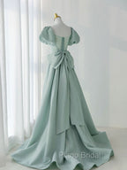 A-Line Puff Sleeves Green Long Formal Prom Dresses, Green Formal Dresses