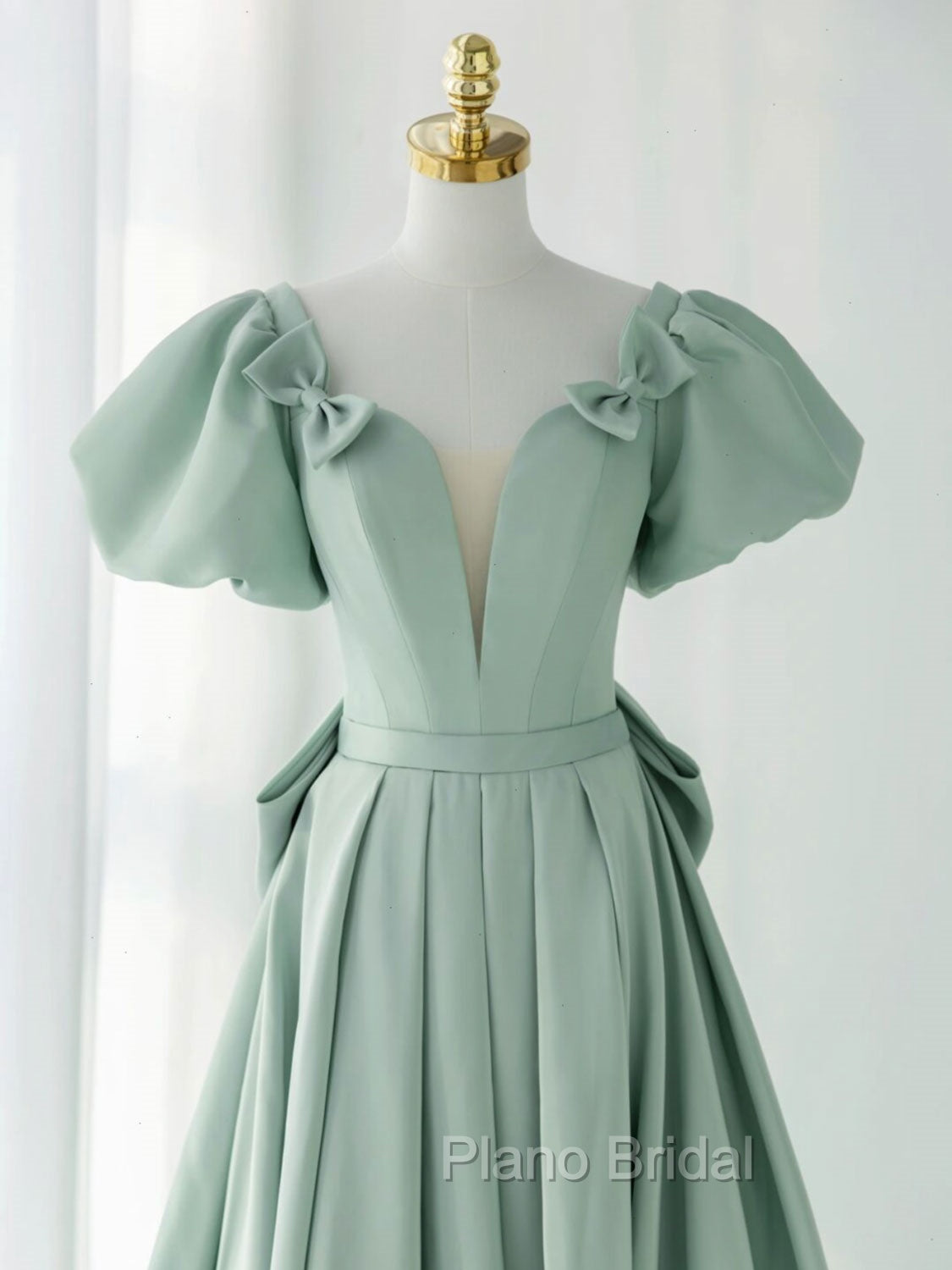 A-Line Puff Sleeves Green Long Formal Prom Dresses, Green Formal Dresses