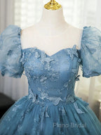 A-Line Puff Sleeves Lace Gray Blue Long Formal Prom Dresses, Gray Blue Formal Dresses
