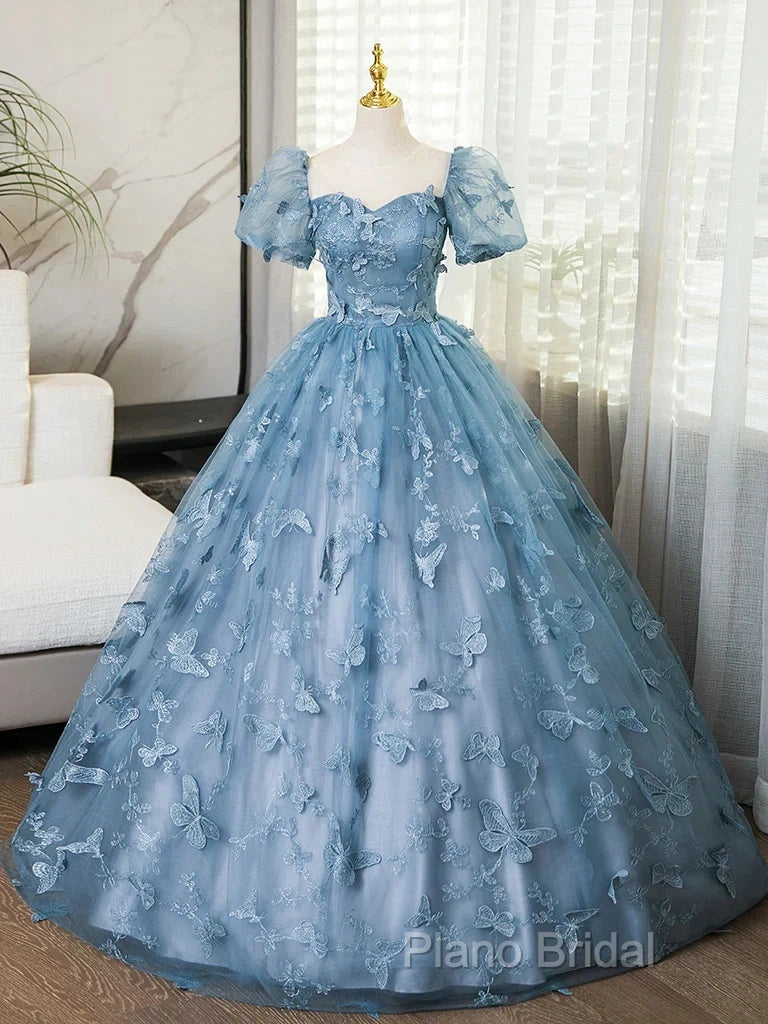 A-Line Puff Sleeves Lace Gray Blue Long Formal Prom Dresses, Gray Blue Formal Dresses