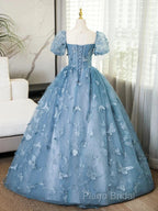 A-Line Puff Sleeves Lace Gray Blue Long Formal Prom Dresses, Gray Blue Formal Dresses