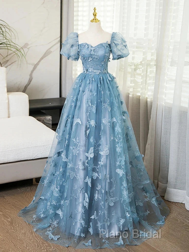 A-Line Puff Sleeves Lace Gray Blue Long Formal Prom Dresses, Gray Blue Formal Dresses