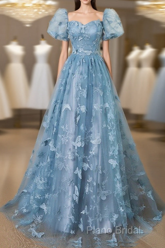 A-Line Puff Sleeves Lace Gray Blue Long Formal Prom Dresses, Gray Blue Formal Dresses