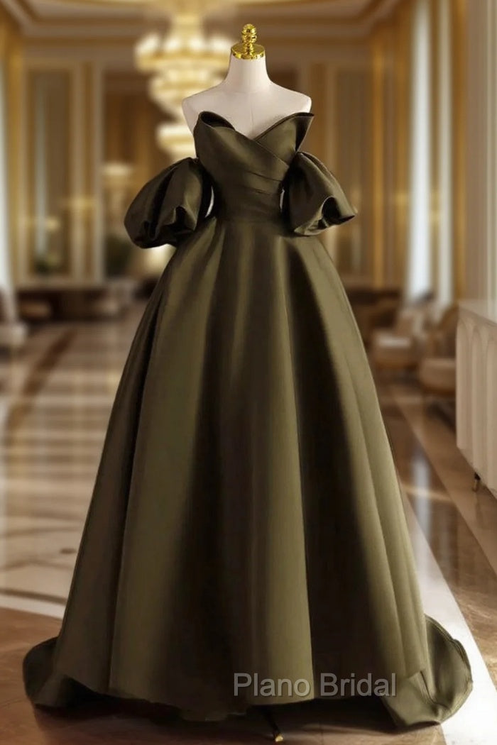 A-Line Puff Sleeves Olive Green Satin Long Formal Prom Dresses, Olive Green Long Evening Dresses Main image