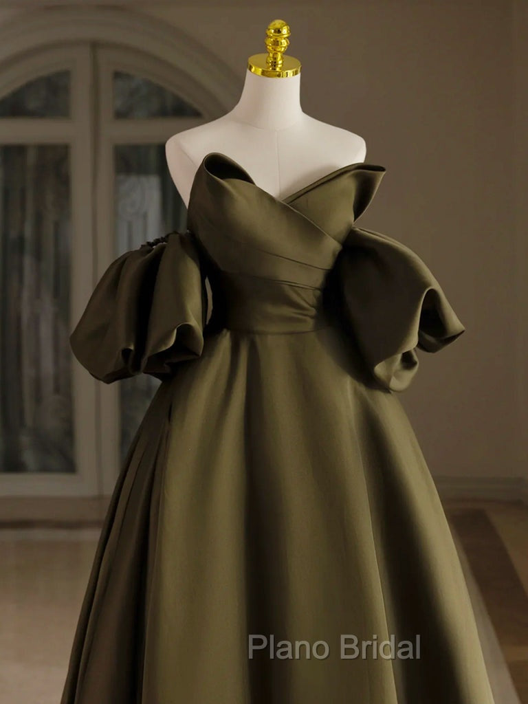A-Line Puff Sleeves Olive Green Satin Long Formal Prom Dresses, Olive Green Long Formal Dresses
