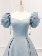 A-Line Puff Sleeves Satin Blue Long Formal Prom Dresses, Blue Long Formal Dresses