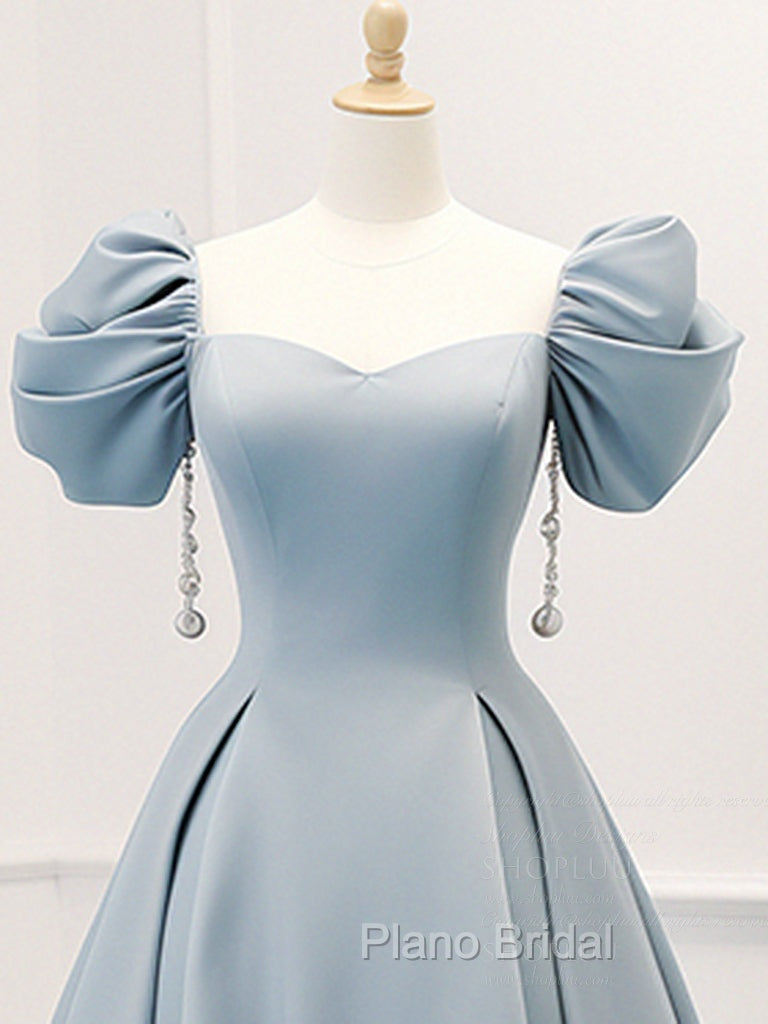 A-Line Puff Sleeves Satin Blue Long Formal Prom Dresses, Blue Long Formal Dresses