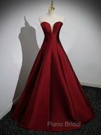 A-Line Puff Sleeves Satin Burgundy Long Formal Prom Dresses, Burgundy Long Formal Dresses