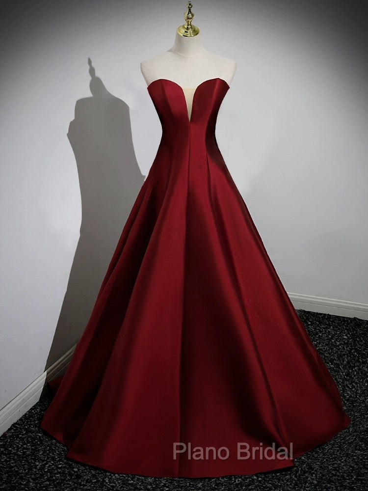 A-Line Puff Sleeves Satin Burgundy Long Formal Prom Dresses, Burgundy Long Formal Dresses