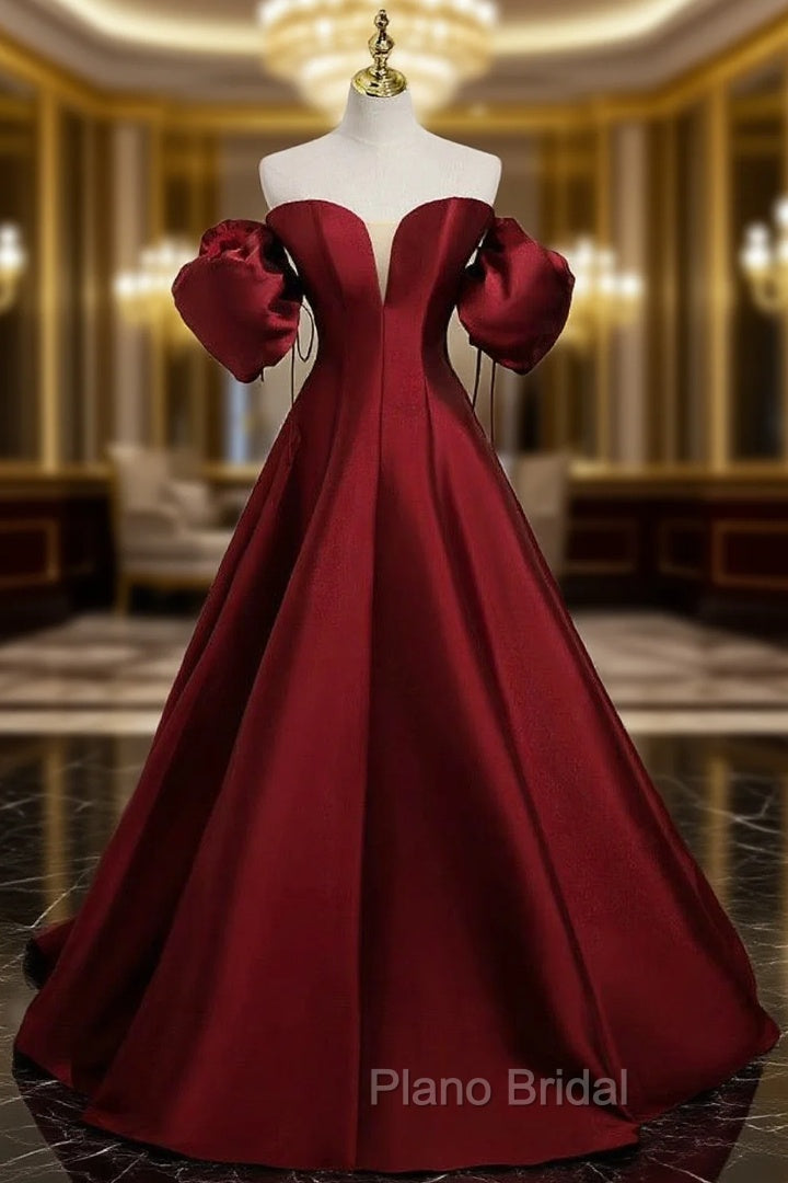 A-Line Puff Sleeves Satin Burgundy Long Formal Prom Dresses, Burgundy Long Formal Dresses Main image