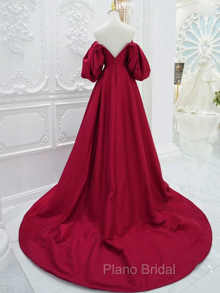 A-Line Puff Sleeves Satin Dark Red Long Formal Prom Dresses, Dark Red Long Evening Dresses Secondary image