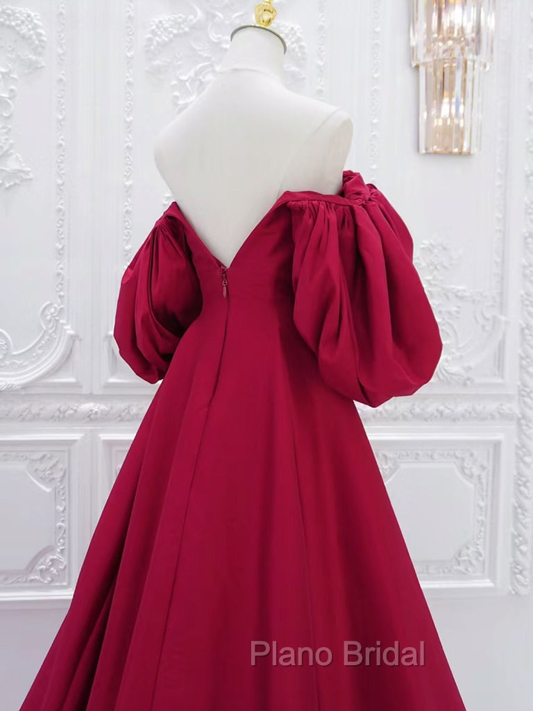 A-Line Puff Sleeves Satin Dark Red Long Formal Prom Dresses, Dark Red Long Evening Dresses