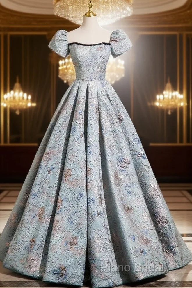 A-Line Puff Sleeves Satin Gray Blue Long Formal Prom Dresses, Gray Blue Long Formal Dresses Main image