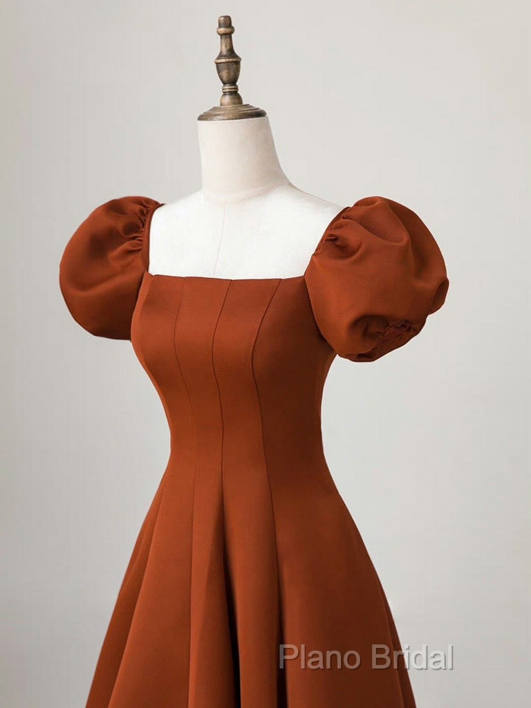 A-Line Puff Sleeves Satin Long Formal Prom Dresses, Long Formal Dresses