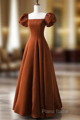 A-Line Puff Sleeves Satin Long Formal Prom Dresses, Long Formal Dresses