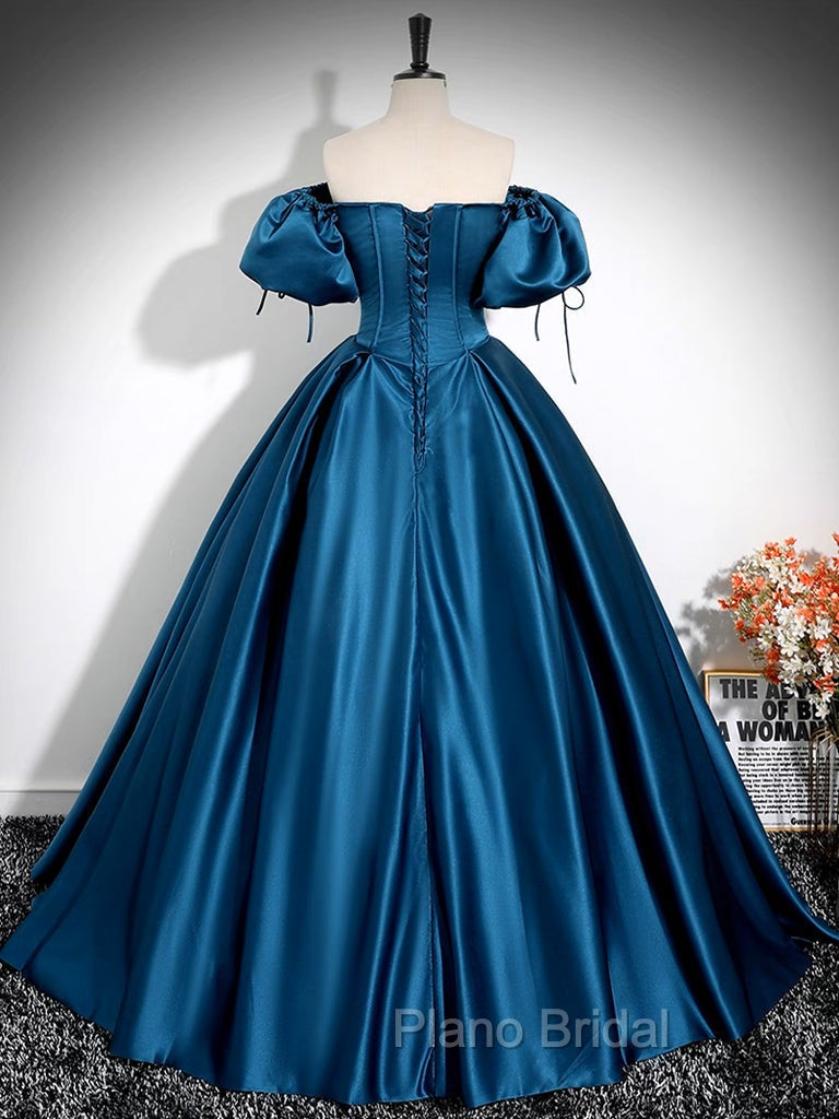 A-Line Puff Sleeves Satin Peacock Blue Long Formal Prom Dresses, Peacock Blue Long Formal Dresses