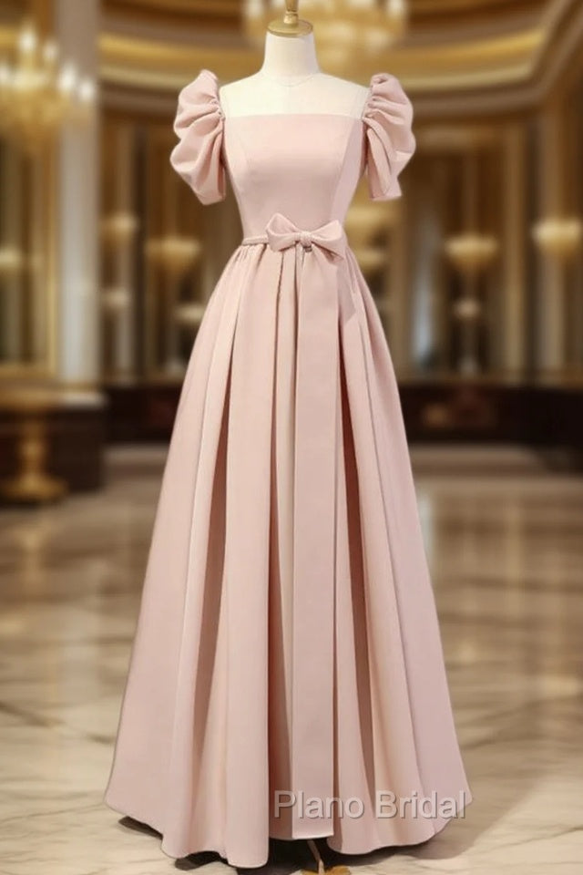 A-Line Puff Sleeves Satin Pink Long Formal Prom Dresses, Pink Long Bridesmaid Dresses