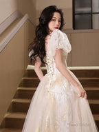 A-Line Puff Sleeves Tulle Lace Champagne Long Prom Dress