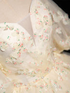 A-Line Puff Sleeves Tulle Lace Champagne Long Formal Prom Dresses, Champagne Formal Dresses