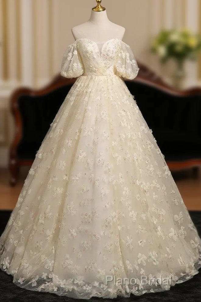 A-Line Puff Sleeves Tulle Lace Champagne Long Formal Prom Dresses, Champagne Formal Dresses