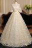 A-Line Puff Sleeves Tulle Lace Champagne Long Formal Prom Dresses, Champagne Formal Dresses