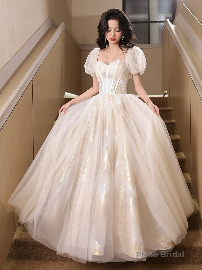 A-Line Puff Sleeves Tulle Lace Champagne Long Prom Dress Main image