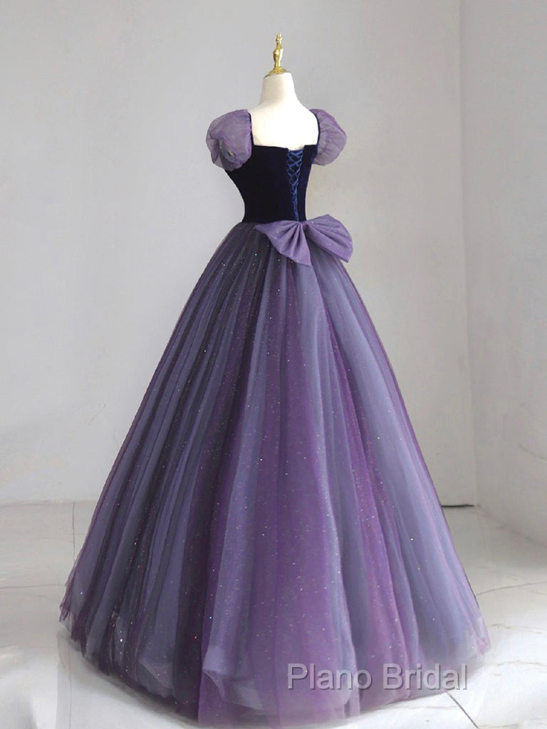 A-Line Puff Sleeves Tulle Velvet Purple Long Formal Prom Dresses, Purple Long Formal Dresses