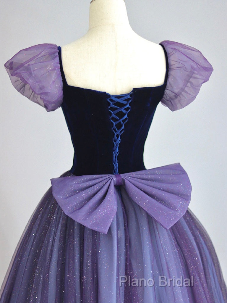 A-Line Puff Sleeves Tulle Velvet Purple Long Formal Prom Dresses, Purple Long Formal Dresses