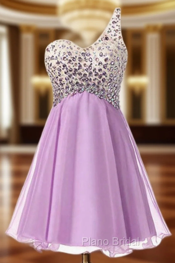 A-Line Purple Chiffon One Shoulder Homecoming Dresses With Crystal Main image