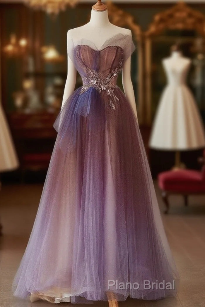 A-Line Purple Gradient Tulle Beaded Long Party Dresses, Purple Tulle Formal Prom Dresses